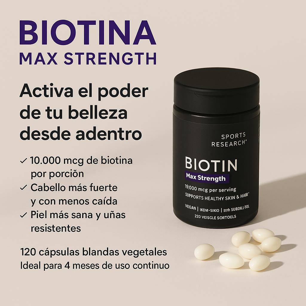 BIOTIN Max Strength™️ – Fórmula Avanzada con Biotina Pura para Brillo, Fuerza y Vitalidad 120 Capsulas