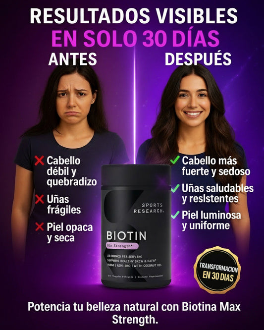 BIOTIN Max Strength™️ – Fórmula Avanzada con Biotina Pura para Brillo, Fuerza y Vitalidad.