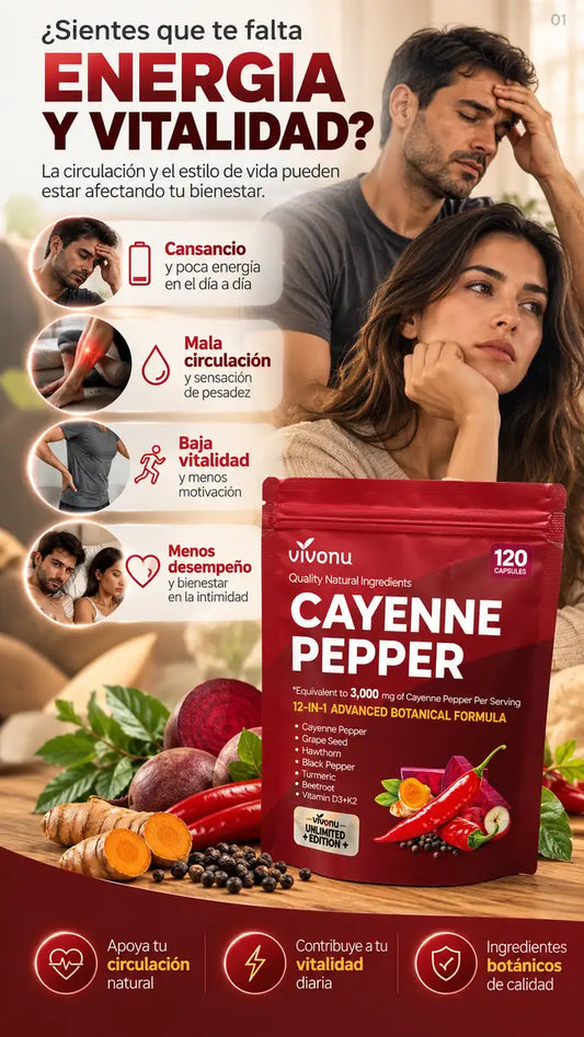 CAYENNE PEPPER – Cápsulas de Cayena 12 en 1 para Apoyar el Metabolismo, la Energía y la Circulación